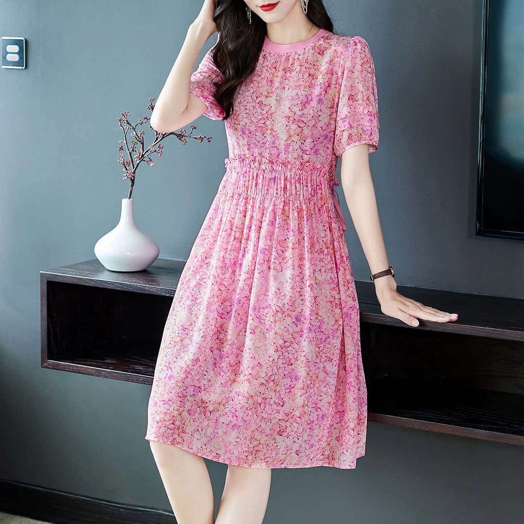 48809 小个子粉色碎花真丝桑蚕丝连衣裙女胖mm显瘦夏季新款大牌