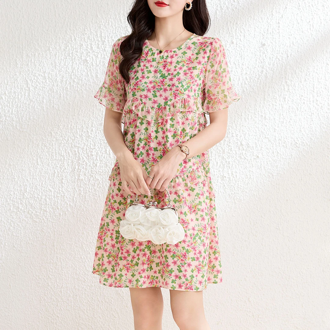 69419 2024年夏季新款小个子碎花真丝桑蚕丝胖mm印花时尚连衣裙