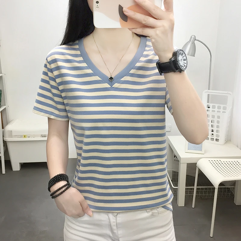 【爆款推荐】2025夏装新款棉质条纹T恤女大码显瘦半袖遮肚小衫上衣