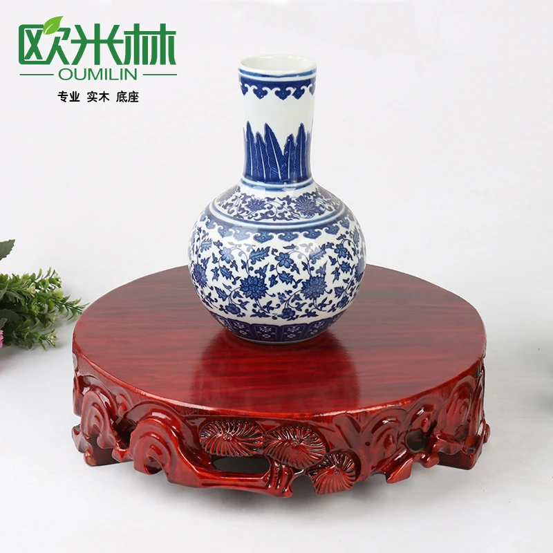 b073-3圆形直径26雕松实木奇石底座石头花瓶花盆工艺品木底座托