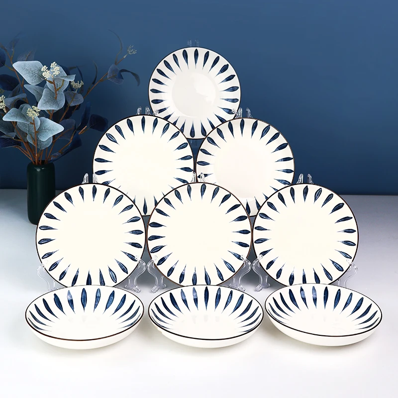 孟垣千叶草10个装7英寸饭盘家用个性陶瓷釉下彩饭碗网红餐盘