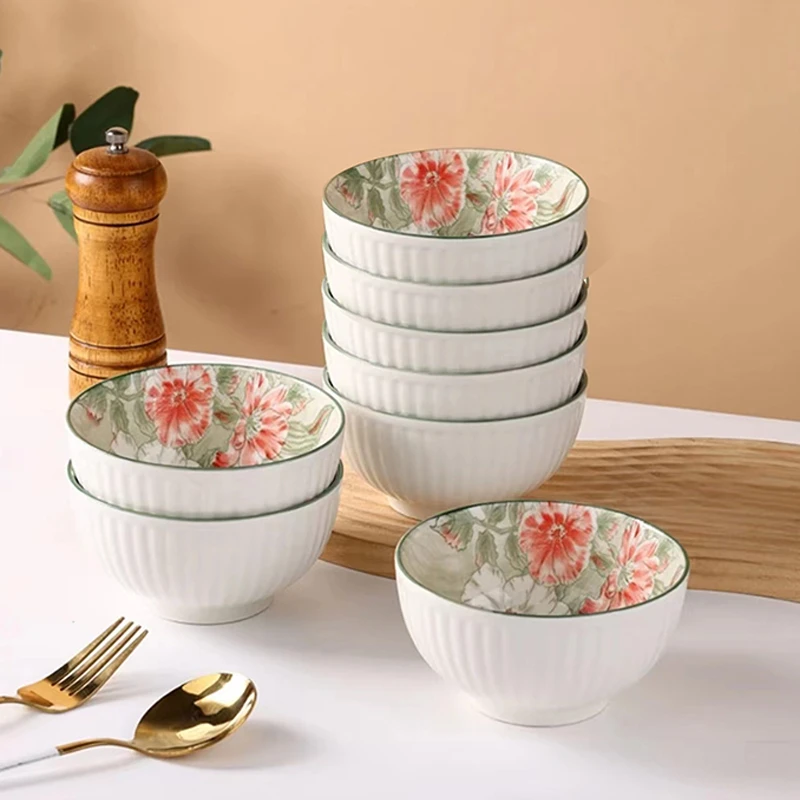 孟垣花开富贵系列8个装5英寸家用陶瓷釉下彩饭碗