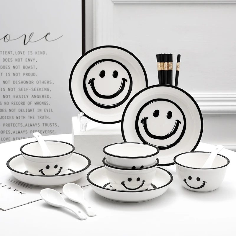 孟垣正版笑脸16件套家用陶瓷釉下彩高颜值碗盘网红情侣碗碟餐具