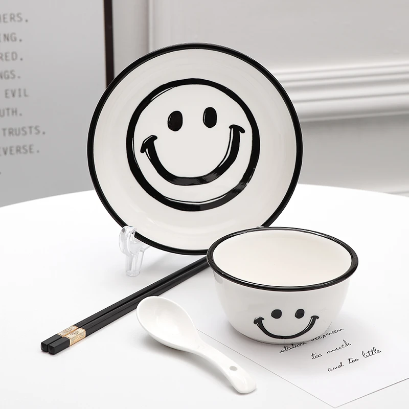 孟垣笑脸系列4件套可爱家用陶瓷釉下彩简约创意防烫学生餐具套装