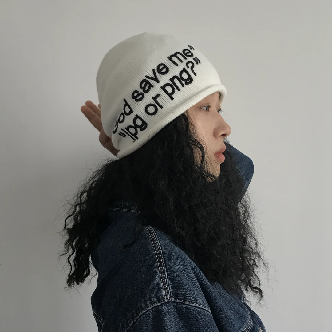 三环路韩系百搭刺绣圆顶毛线帽复古街头嘻哈字母卷边针织包头帽潮