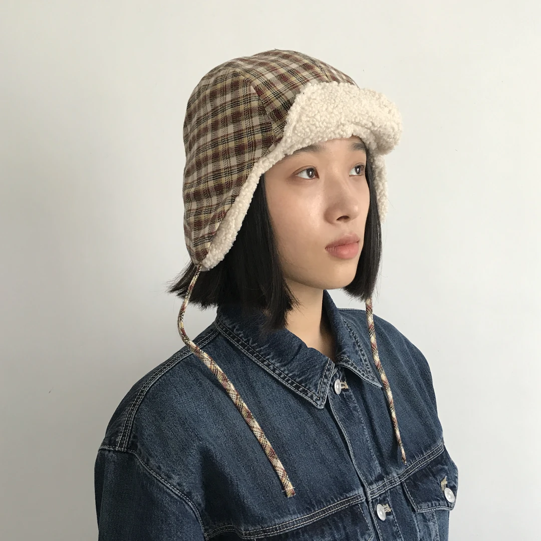 三环路摇粒绒格纹雷锋帽2023秋冬新款保暖护耳防风百搭飞行员帽女