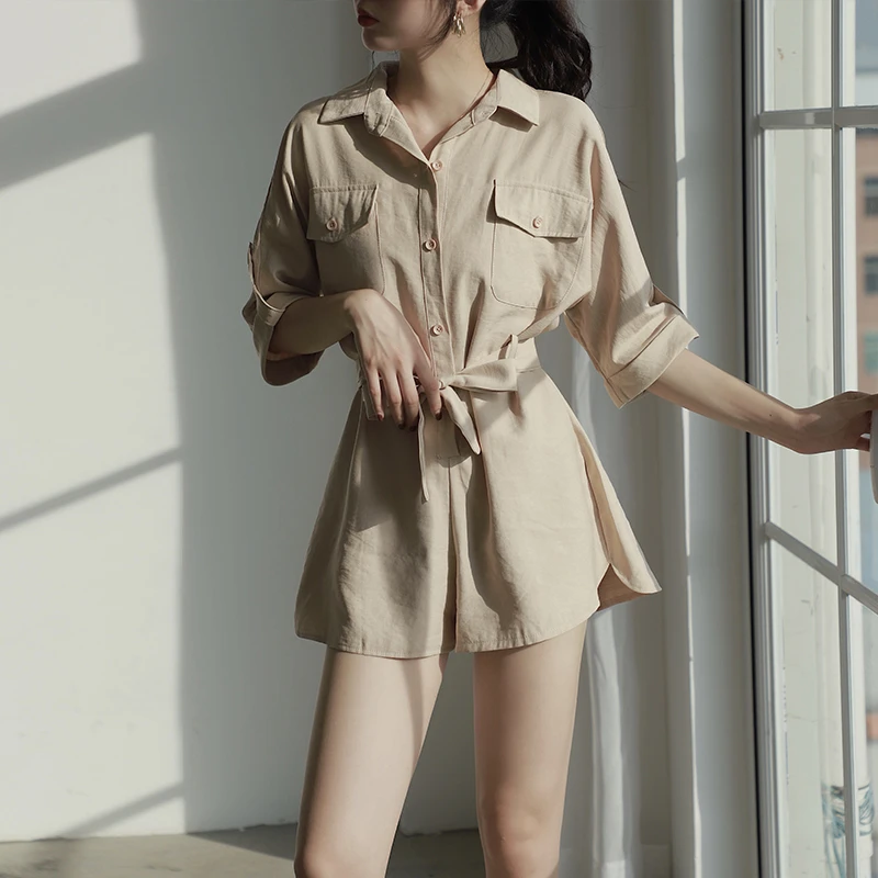 卡其色工装连体裤女2025年夏港风气质高腰显瘦阔腿裤短裤衣裤薄款