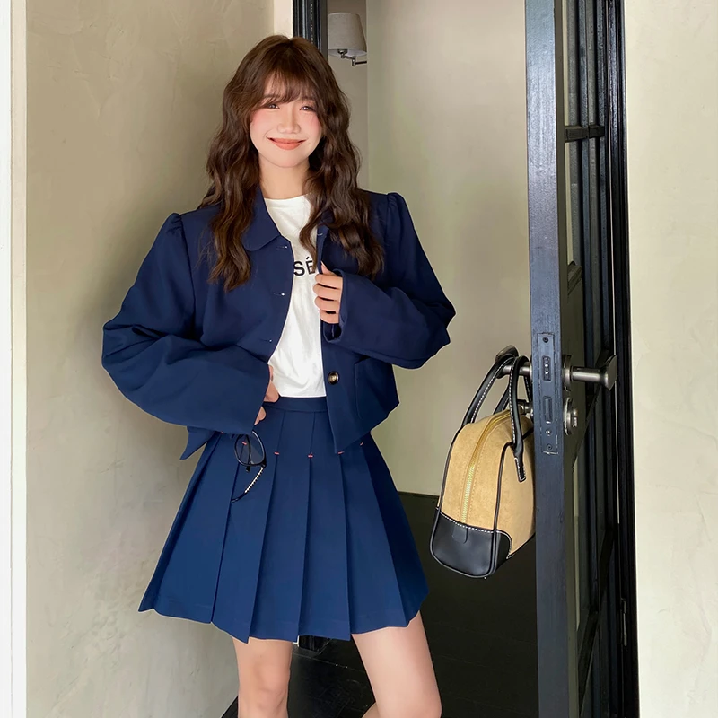 藏青色西装套装女2025秋新款短款学院风少女百褶半身裙两件套