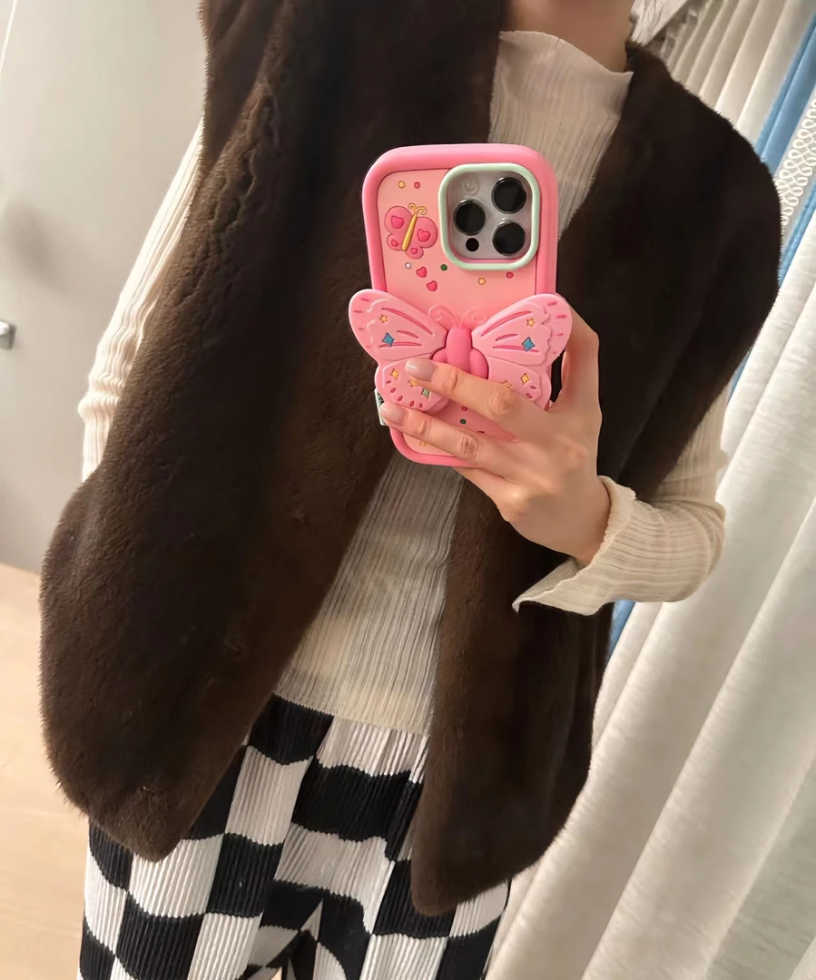 【YUXIFUR】咖啡马甲V领进口水貂秋冬背心女装