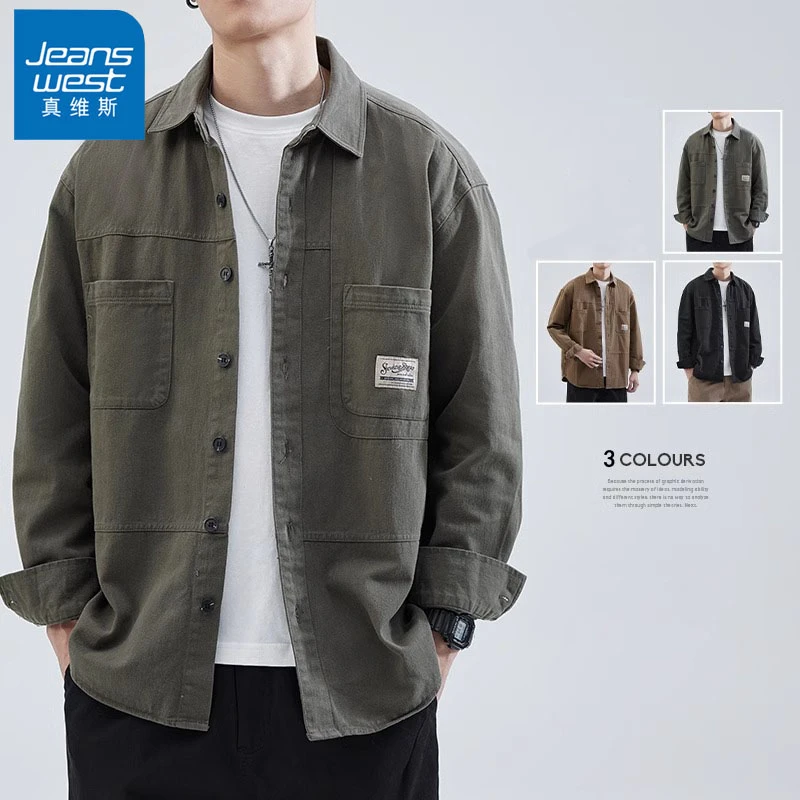 Jeanswest/真维斯男士工装衬衫秋冬潮流宽松百搭翻领长袖上衣外套