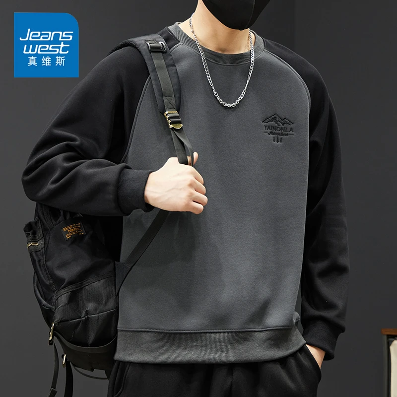 Jeanswest/真维斯潮牌男士卫衣秋冬美式圆领百搭保暖宽松休闲上衣