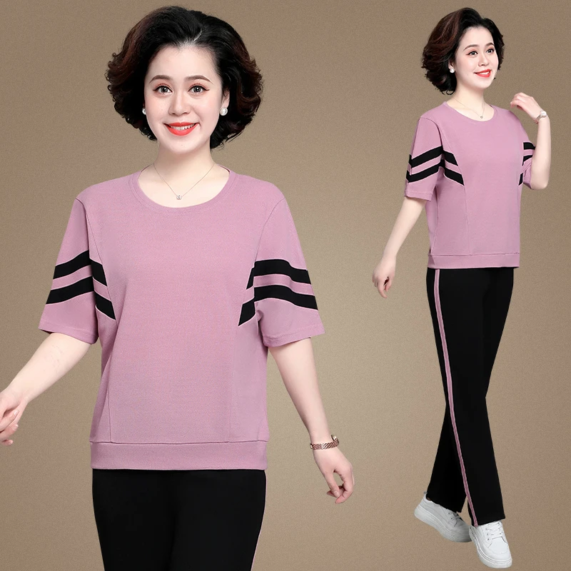 夏季妈妈洋气运动服套装新款中老年人两件套时尚休闲套装短袖上衣