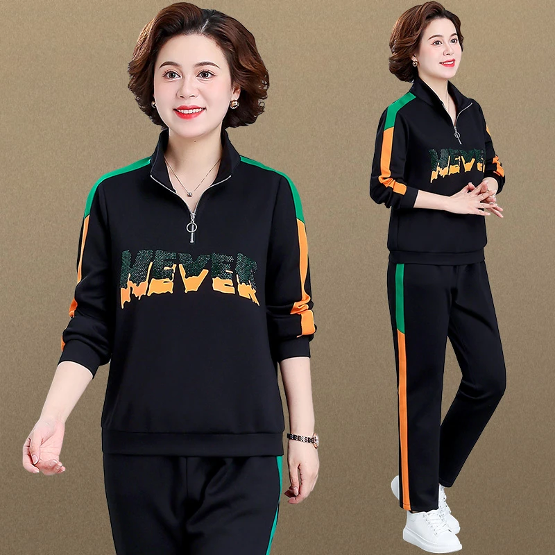 中年妈妈春装卫衣套装休闲两件套新款中老年运动服女春秋上衣洋气