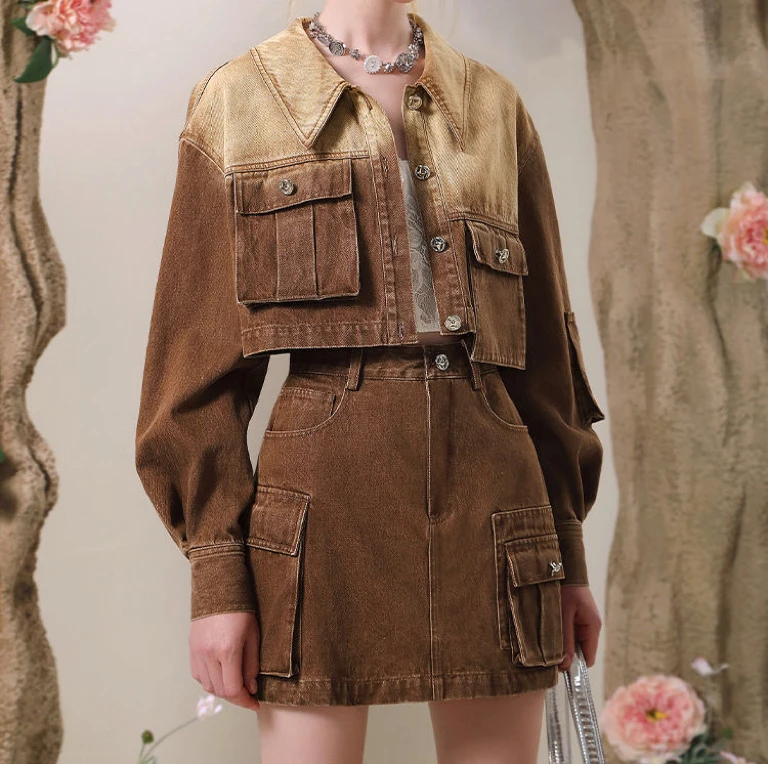 时尚短款小众拼接翻领做旧韩版时尚套装衬衫套装甜美清新水洗