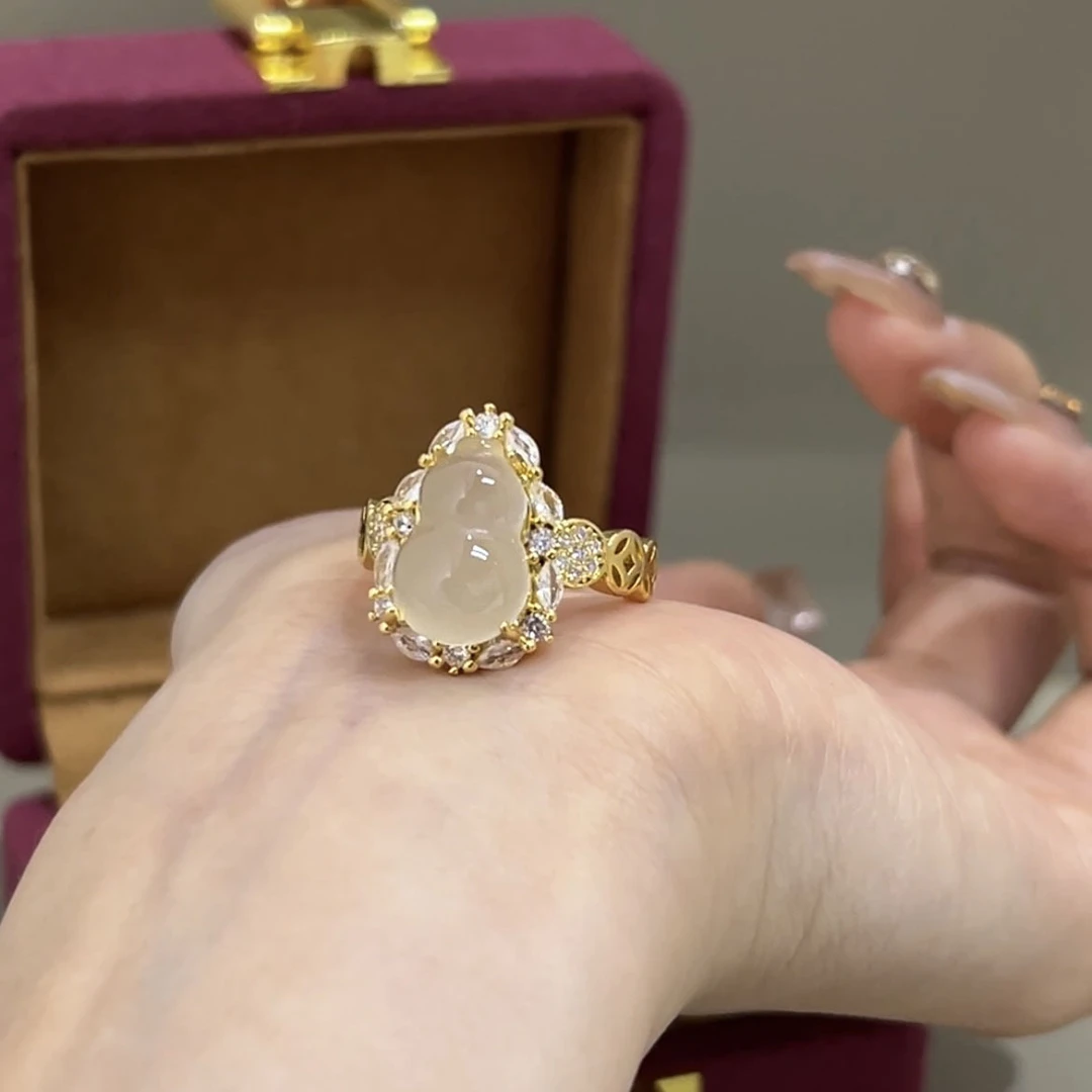 铜合金莫桑石戒指  5907轻奢小众复古新中式金钱水沫葫芦闭口戒