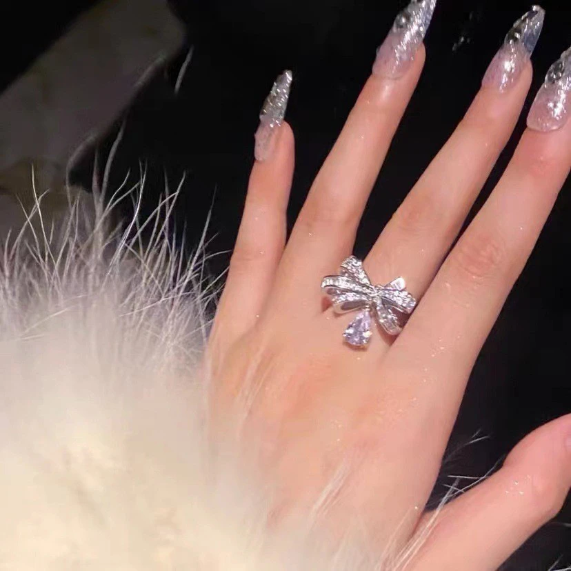 铜合金莫桑石戒指 蝴蝶结水滴戒指ins风超闪开口戒