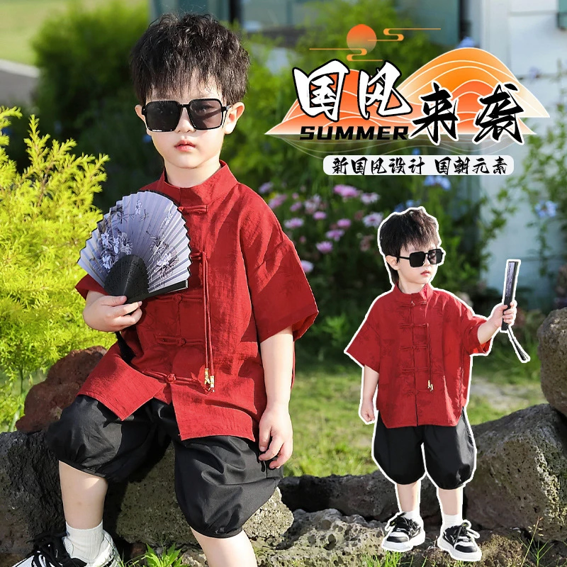 【国风套装】夏季新款儿童装洋气宝宝科学新中式古风短袖衬衫套装
