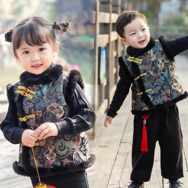 【男女童装礼服】中国风儿童加绒棉坎肩过年马甲唐装服宝宝背心科学