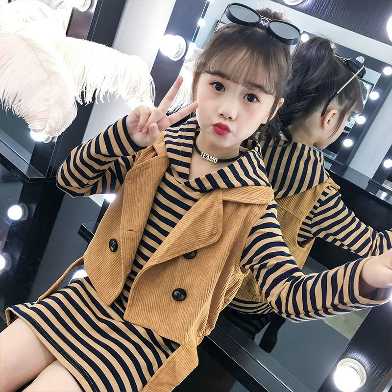 【女童秋装套装】2024新款中大童马甲条纹卫衣连衣裙韩版洋气套装
