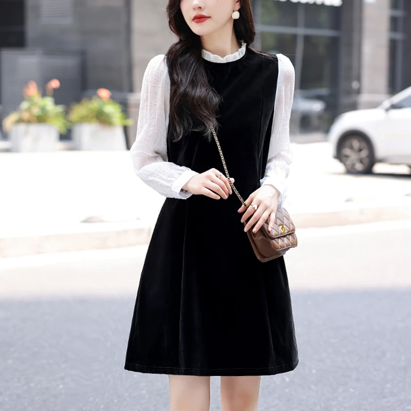 微胖气质假两件连衣裙女2025春秋新款大码宽松法式减龄显瘦中长裙