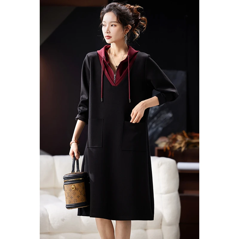 简约时髦撞色假两件连衣裙女2024秋冬新款欧货大码宽松显瘦中长裙