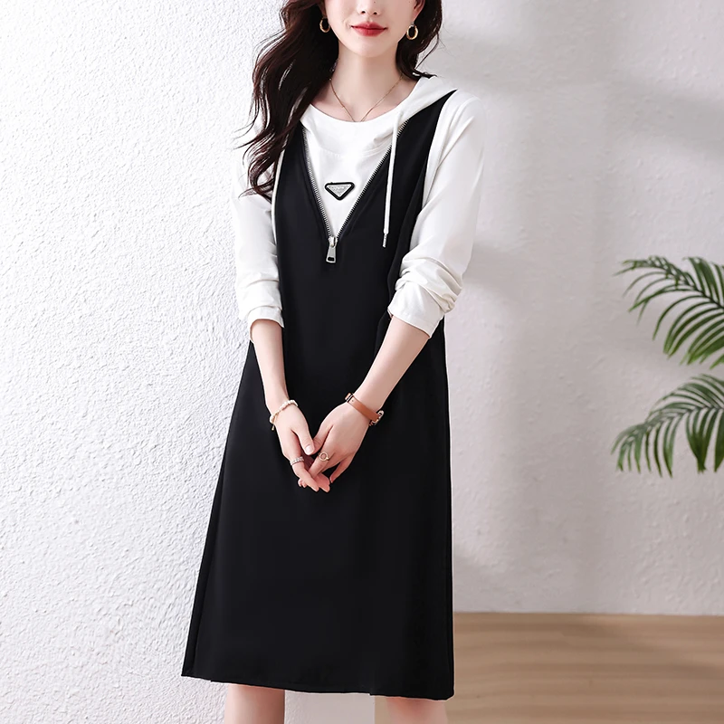 欧洲站大码女装2025春秋新款高级感假两件套简约休闲百搭连衣裙子