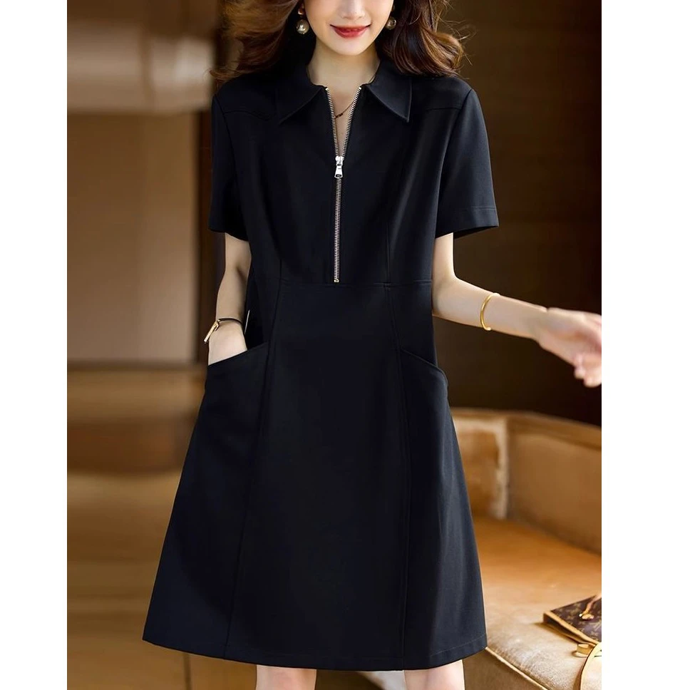 夏2025新款法式大码宽松黑色显瘦中长裙休闲简约纯色翻领连衣裙女