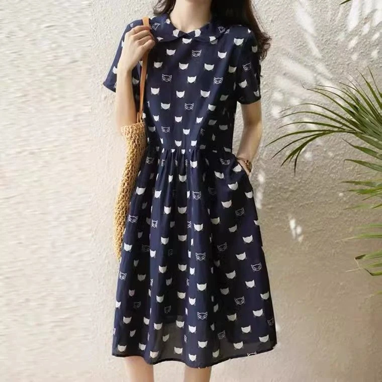2025夏减龄印花小猫裙子宽松显瘦韩版娃娃领短袖简约百搭连衣裙女