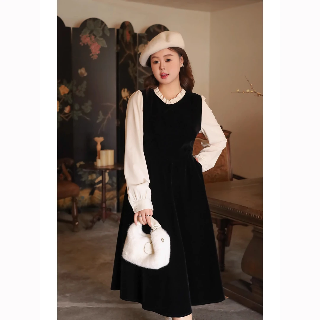 微胖mm大码女装2025年春秋新款显瘦拼接假两件法式气质收腰连衣裙