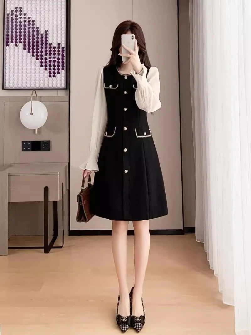 法式高级感连衣裙女2025春秋新款时尚气质拼接小香风显瘦小黑裙