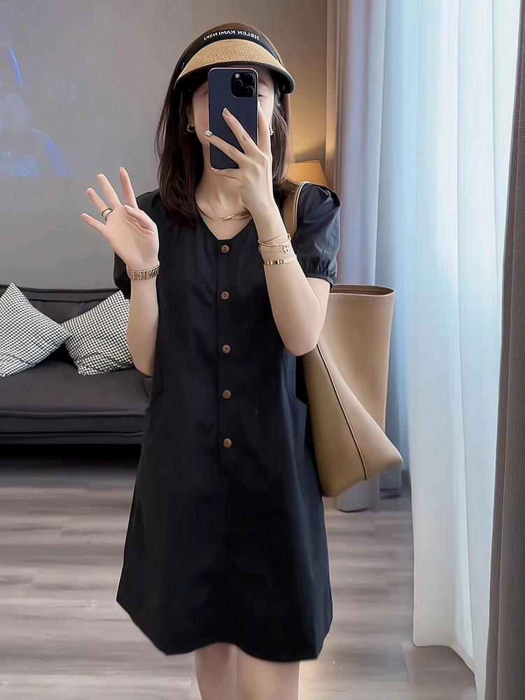 欧货2025新款夏季黑色显瘦宽松短袖t恤小个子连衣裙穿搭上衣女装