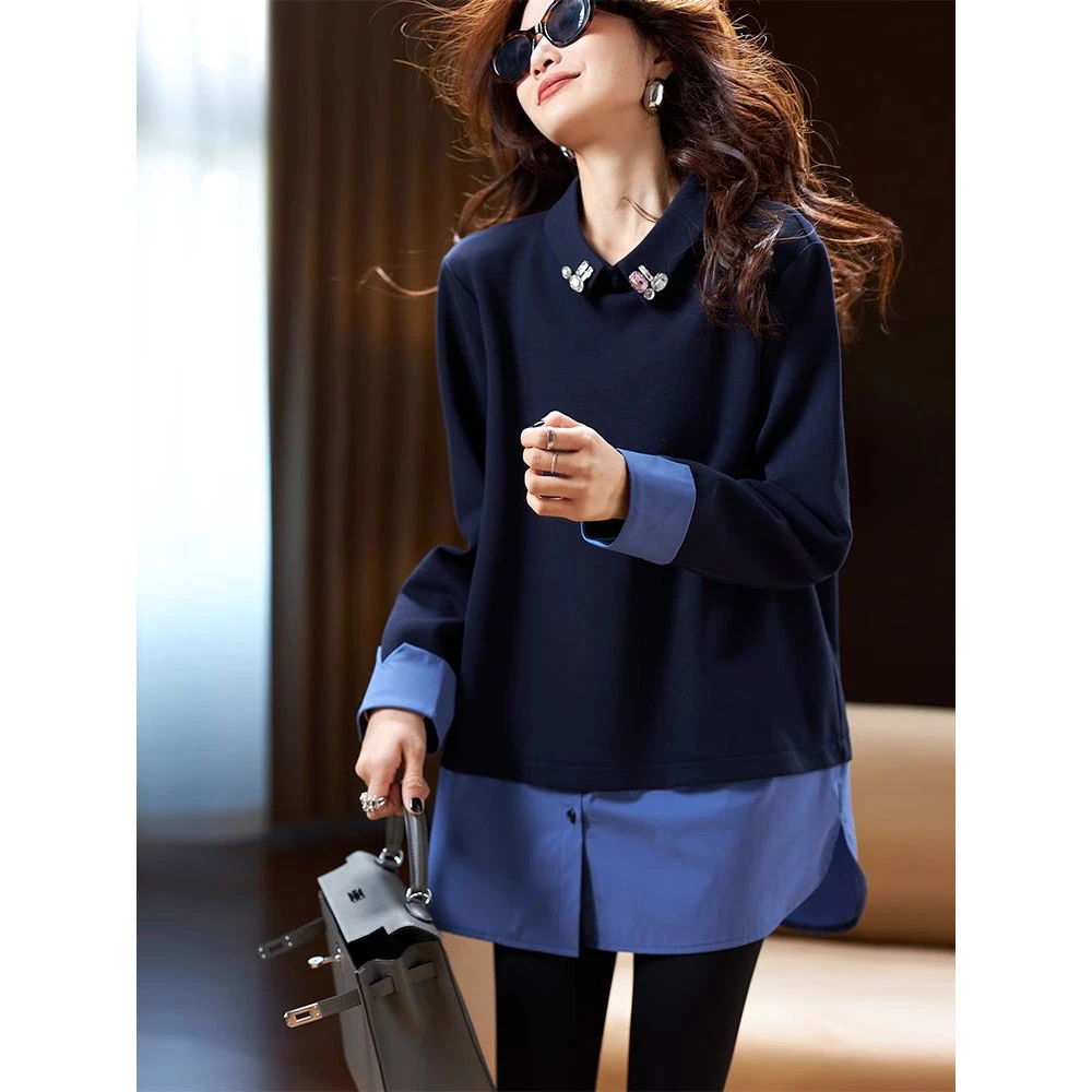 时尚假两件撞色卫衣女欧洲站春秋大码女装2025年新款宽松长袖上衣