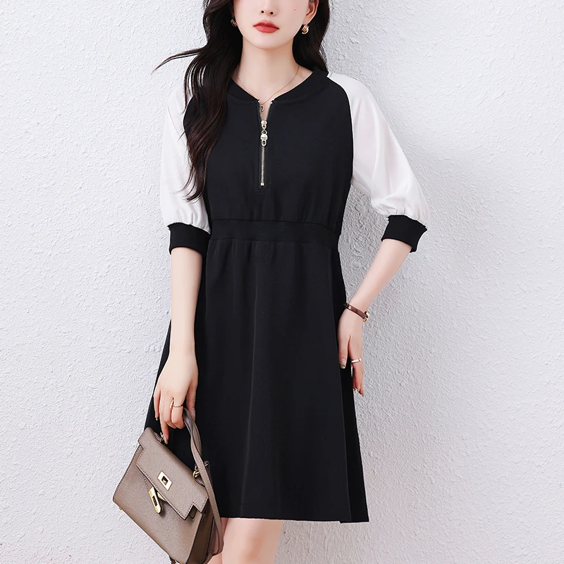 大码假两件黑色连衣裙女2025春秋款高级感洋气小个子收腰显瘦裙子