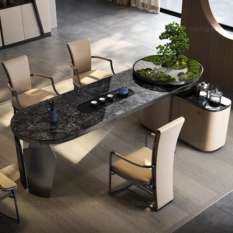意式极简轻奢岩板大理石茶台别墅客厅家用设计师款奢石茶桌椅组合