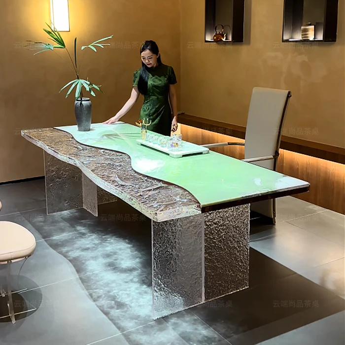 云端尚品夏山如碧现代极简树脂奢石茶桌设计师茶台大理石大气茶桌