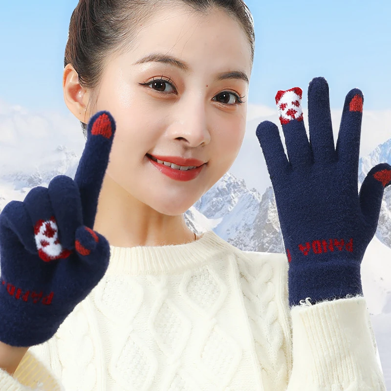 新款冬季时尚女士卡通熊猫针织触屏手套学生保暖加厚全指手套批发
