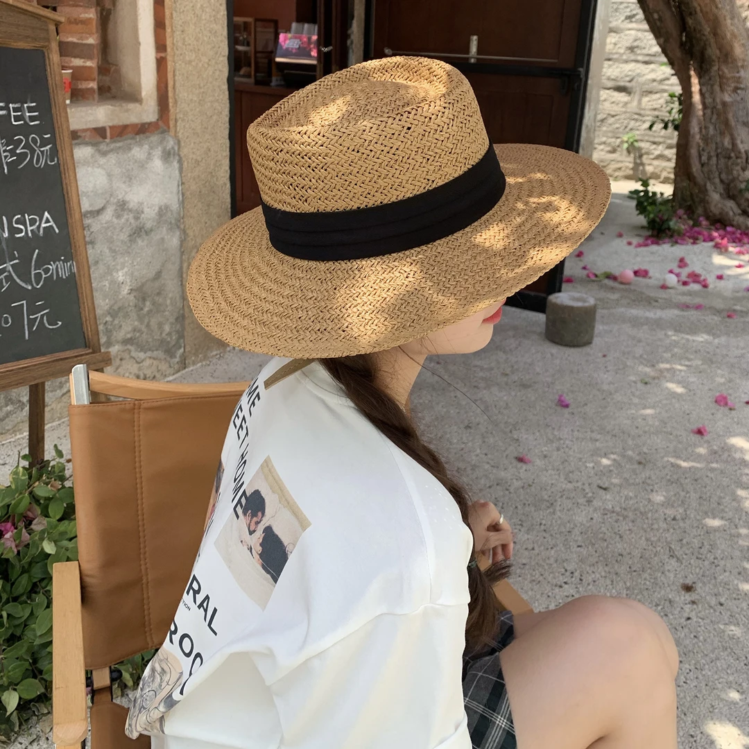 草编大檐平顶草帽女夏季海边出游度假沙滩帽遮脸遮阳防晒帽太阳帽