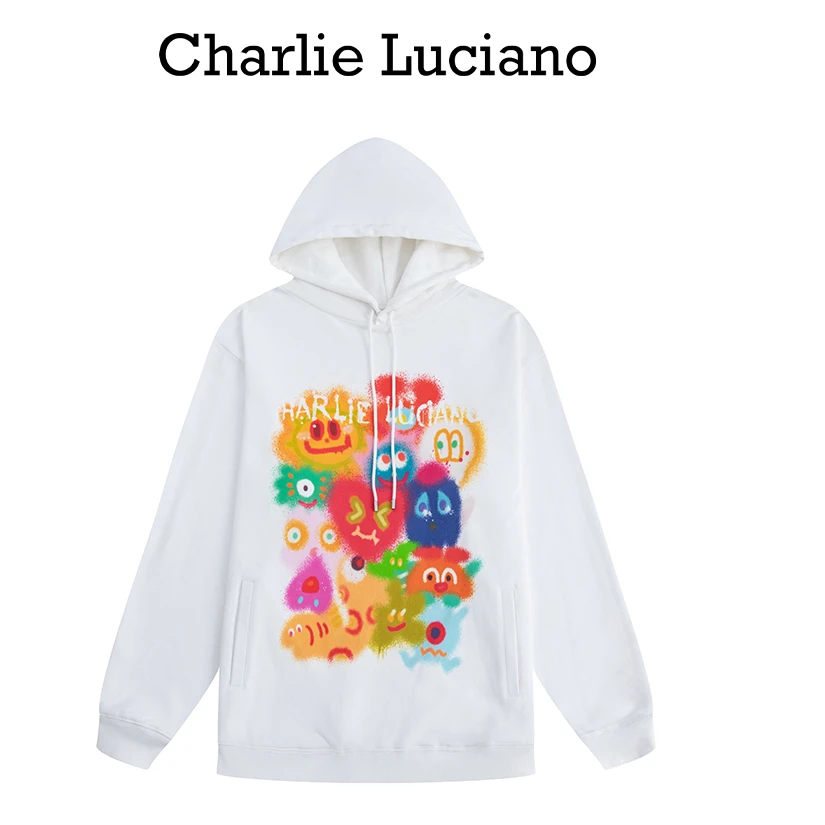Charlie Luciano2025可爱涂鸦标识印花卫衣男女同款宽松连帽帽衫