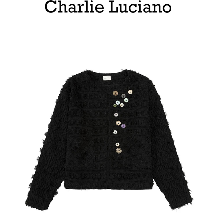 Charlie Luciano彩扣粗花呢无领夹克设计感潮牌小香风外套BB