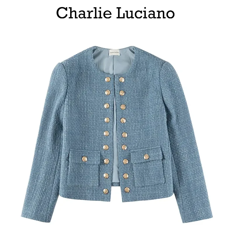 Charlie Luciano2025春秋新款潮牌粗花呢短款夹克女士小香风上衣