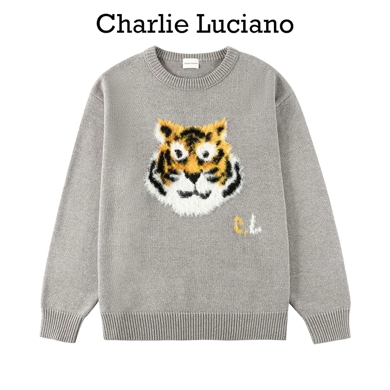 Charlie Luciano 老虎图案休闲圆领套头毛衣男女同款V