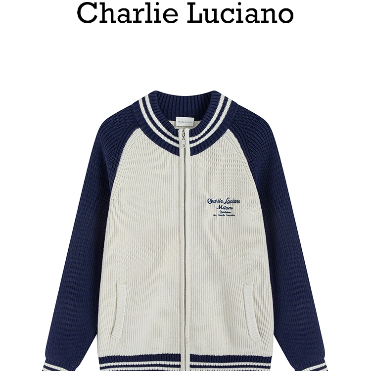 Charlie Luciano  撞色插肩袖拉链圆领针织外套男女同款白蓝色