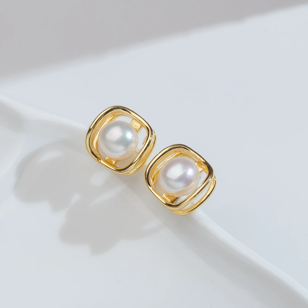 注金/淡水珍珠/方形耳钉/7-8MM