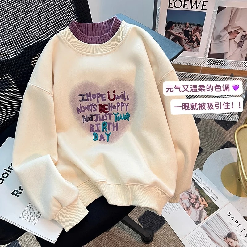 女童加绒卫衣2025新款洋气休闲半高领中大童女孩宽松假两件上衣潮