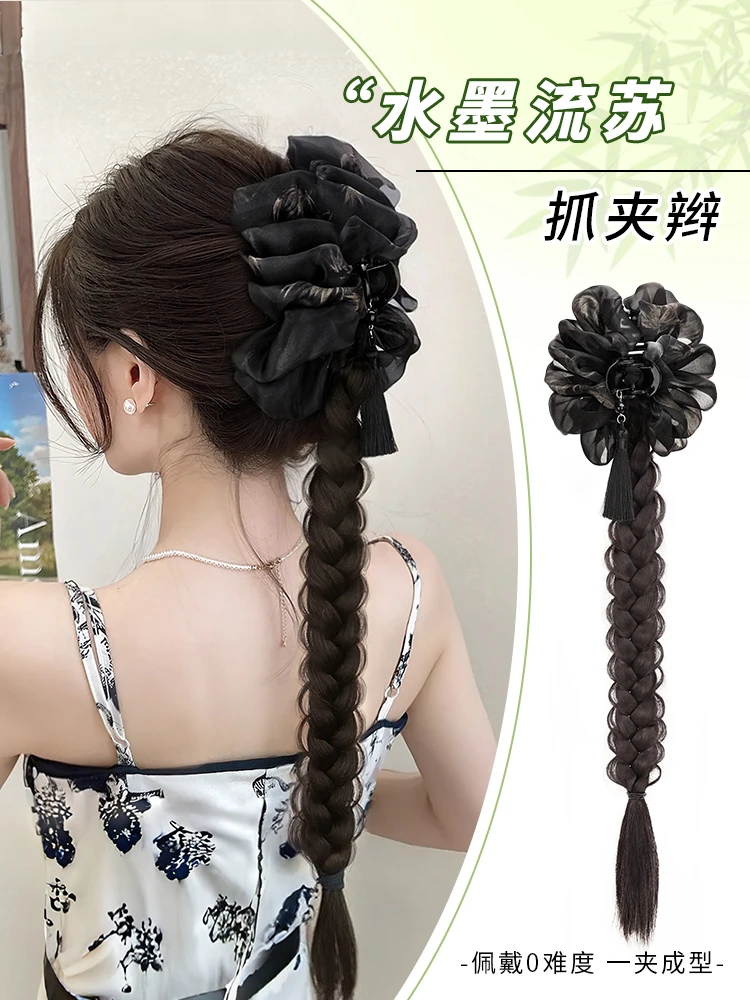 假发辫子女马尾新中式水墨扎染蝴蝶结麻花辫仿真半扎假发抓夹马尾