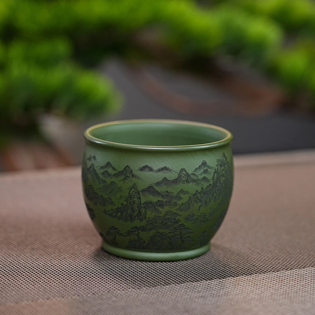 宜兴原矿苹果绿泥手工刻绘山水紫砂主人杯品茗杯茶具257