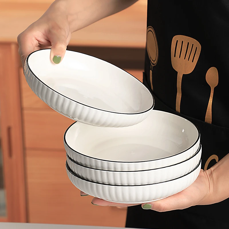 菜盘子家用陶瓷新款简约炒菜凉菜碟子餐盘7/8英寸竖纹圆深盘子