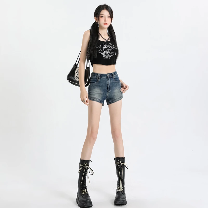 浅色复古牛仔超短裤夏季ins潮高街水洗中腰辣妹女短裤遮肉小个子