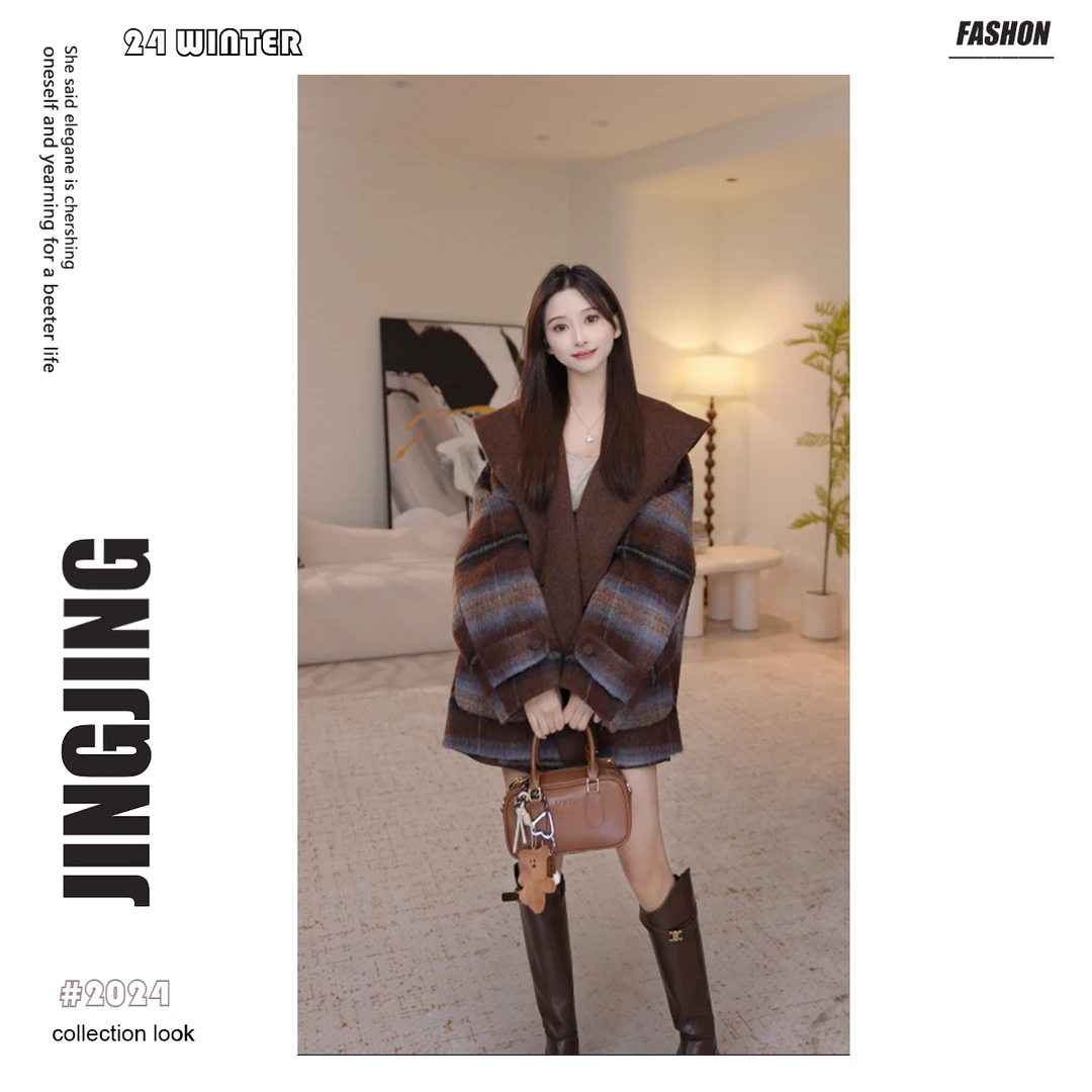 【婧婧】双面毛呢外套小个子连帽双面毛呢女短款复古通勤大衣28D200