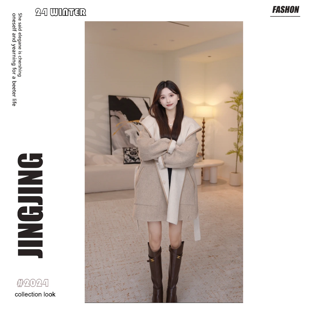 【宝格尼】秋冬新款韩版毛呢大衣宽松气质连帽外套女28D186